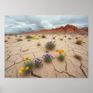 Vibrant Life in the Cracked Desert Poster