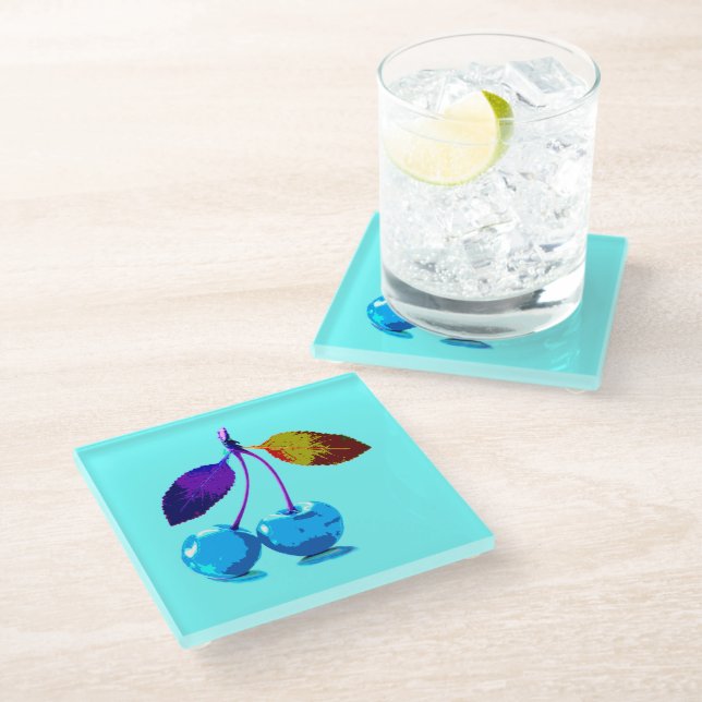 Vibrant light blue cherries   glass coaster (Angled)