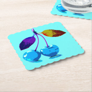 Vibrant light blue cherries  paper coaster