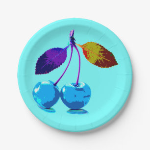 Vibrant light blue cherries paper plate