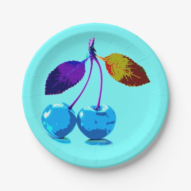 Vibrant light blue cherries   paper plate (Front)