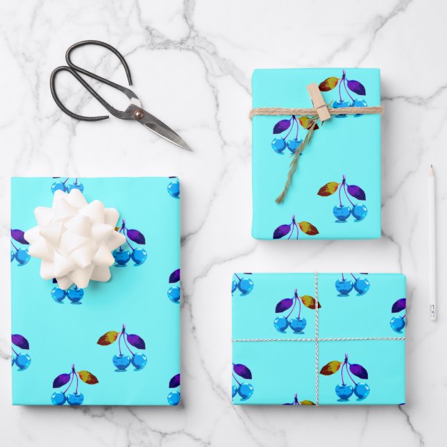 Vibrant light blue cherries   wrapping paper sheet (Front)