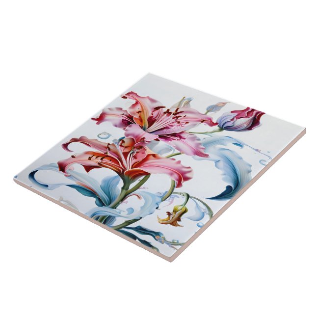 Vibrant Lilies in Bloom Against White Background Tile (Side)