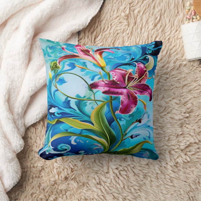 Vibrant Lily Blooms Against Blue Swirls Cushion (Blanket)