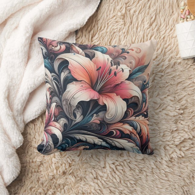 Vibrant Lily Blossoms With Intricate Swirls Cushion (Blanket)