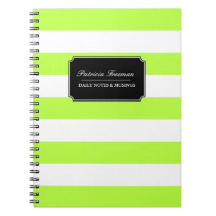 Vibrant Lime Green and White Stripes Custom Name Spiral Notebook
