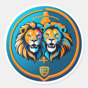 Vibrant Lion Duo Emblem Inside Blue Circle Classic Round Sticker