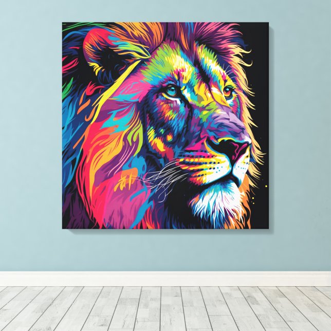 Vibrant lion painting canvas print (Insitu(Wood Floor))