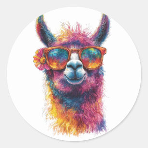 Vibrant Llama Head Illustration – Colorful, Unique Classic Round Sticker