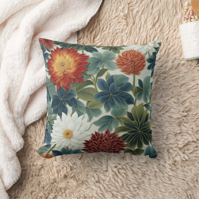 Vibrant Lotus and Chrysanthemum Design Cushion (Blanket)