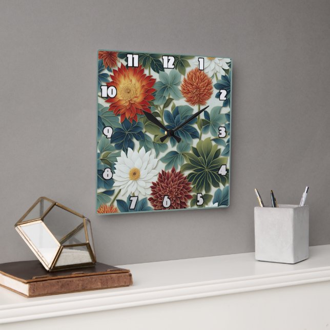 Vibrant Lotus and Chrysanthemum Design Square Wall Clock (Office)