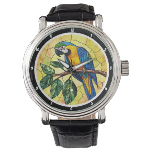 Vibrant Macaw Parrot and Tropical Leaves Design Watch