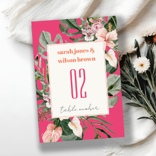 Vibrant Magenta Blush Boho Tropical Floral Wedding Table Number