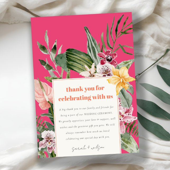 Vibrant Magenta Blush Boho Tropical Floral Wedding Thank You Card (Creator Uploaded)
