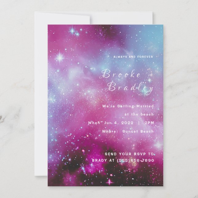 Vibrant Magenta Nebula Wedding Invitation (Front)