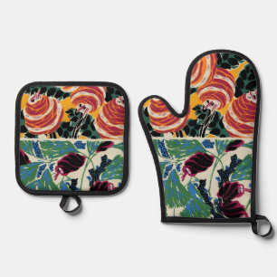Vibrant Magenta & Orange Abstract Flower Art Oven Mitt & Pot Holder Set