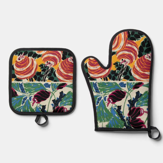 Vibrant Magenta & Orange Abstract Flower Art Oven Mitt & Pot Holder Set (Front)