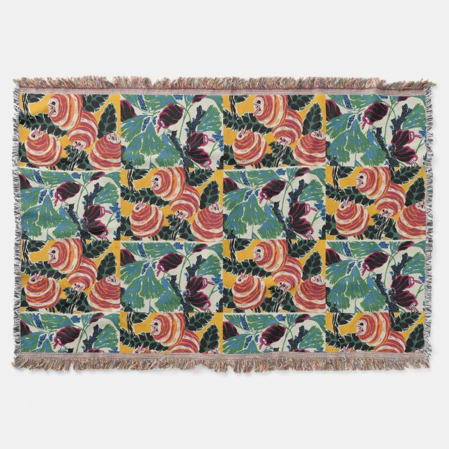 Vibrant Magenta & Orange Abstract Flower Art Throw Blanket (Front)