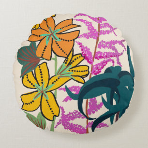 Vibrant Magenta & Orange Art Deco Flower Art Round Cushion