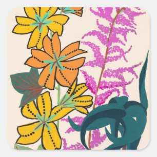 Vibrant Magenta & Orange Art Deco Flower Art Square Sticker