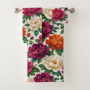 Vibrant Magenta Orange Peony Floral Pattern Bath Towel Set