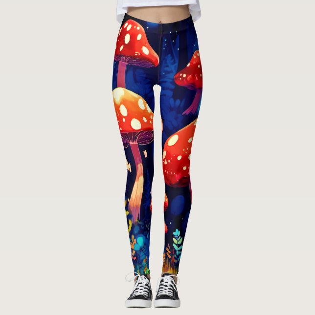 Vibrant Magic Mushroom Forest Art Leggings (Front)