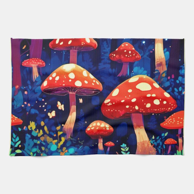 Vibrant Magic Mushroom Forest Art Tea Towel (Horizontal)