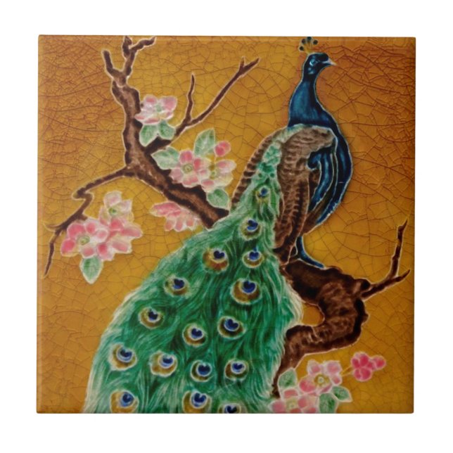 Vibrant Majolica Peacock Repro Antique Tile (Front)
