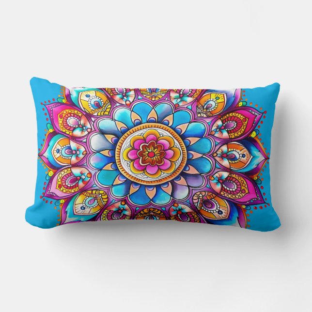 Vibrant Mandala Bloom Decorative Throw Pillow (Front)