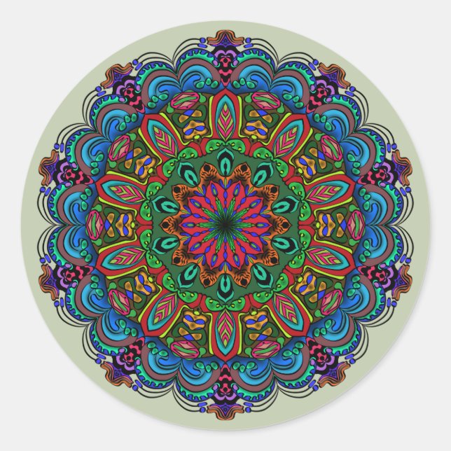 Vibrant Mandala Floral & Geometric Pattern Classic Round Sticker (Front)