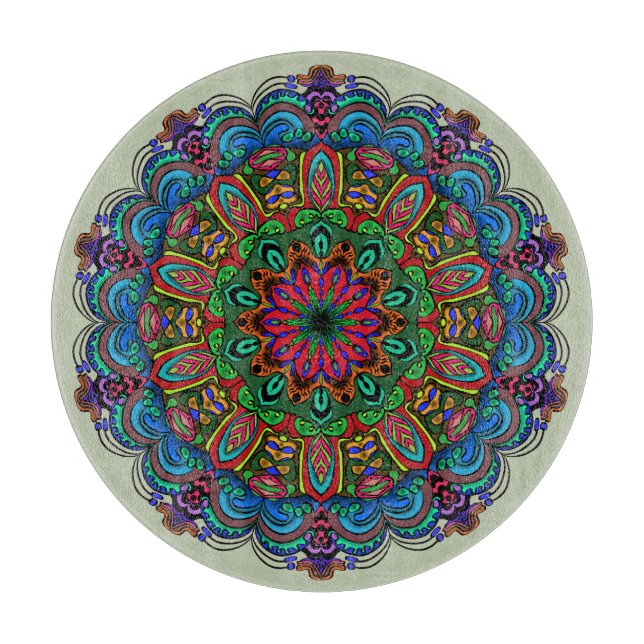 Vibrant Mandala Floral & Geometric Pattern Cutting Board (Front)