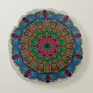 Vibrant Mandala Floral & Geometric Pattern Round Cushion