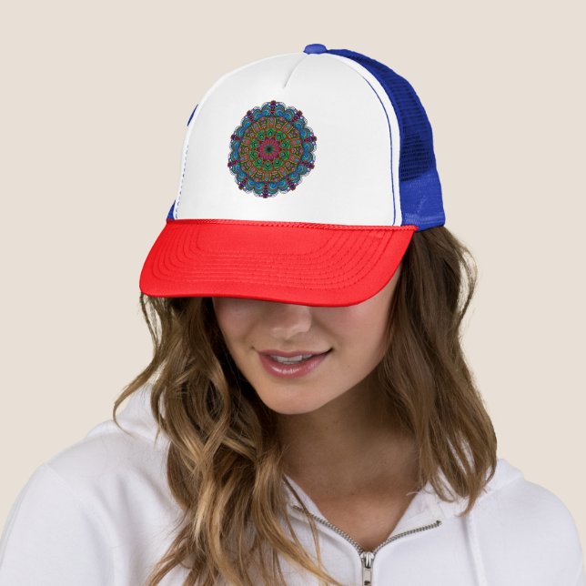 Vibrant Mandala Floral & Geometric Pattern Trucker Hat (In Situ)