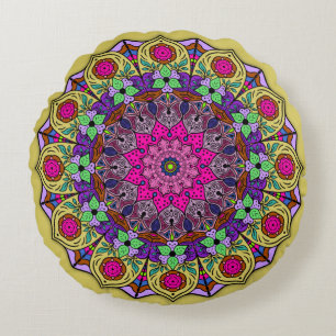 Vibrant Mandala Sunshine Yellow Pink Round Cushion