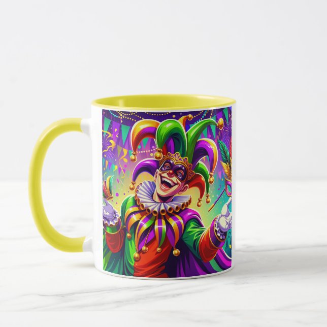 Vibrant Mardi Gras Jester Mug – Colourful Carnival (Left)