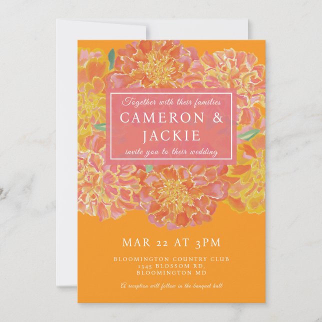 Vibrant Marigold Pink Wedding Invitation (Front)