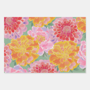 Vibrant Marigold Zinnia Summer Floral Wrapping Paper Sheet