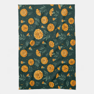 Vibrant Marigolds Pattern Tea Towel