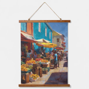Vibrant Market Day Orange Umbrella Street Art Hanging Tapestry