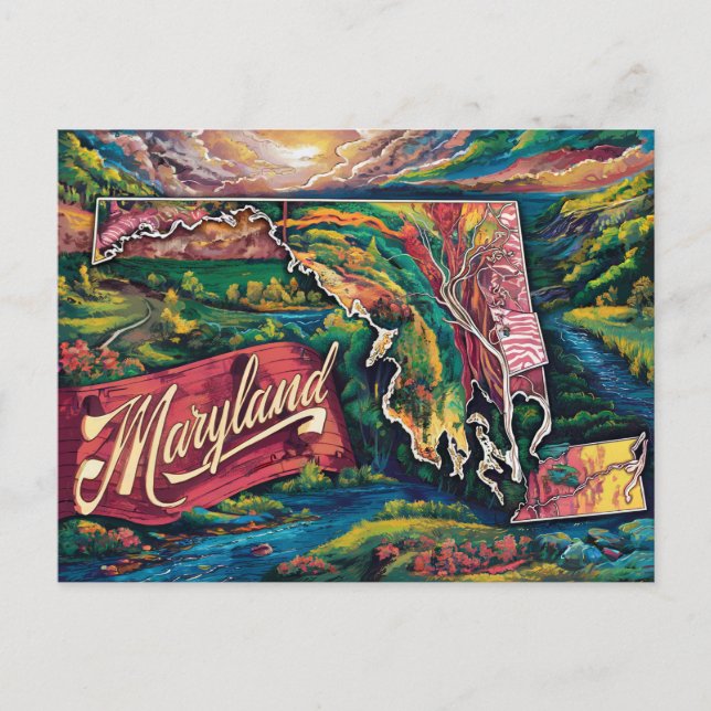 Vibrant Maryland Map Art Postcard (Front)