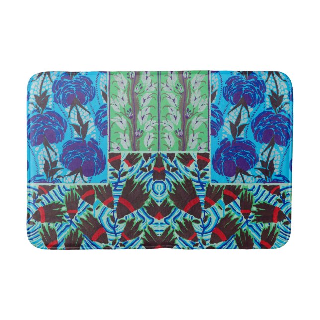 Vibrant Maximalist Blue & Green Floral Art Bath Mat (Front)