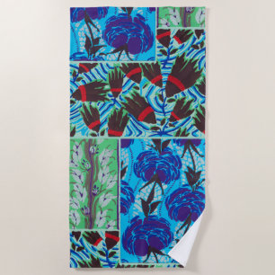 Vibrant Maximalist Blue & Green Floral Art Beach Towel