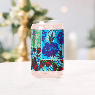 Vibrant Maximalist Blue & Green Floral Art Can Glass