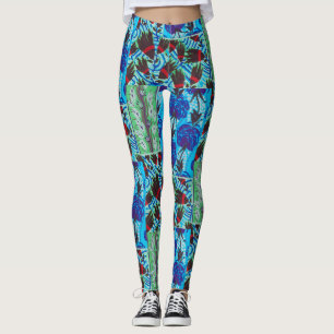 Vibrant Maximalist Blue & Green Floral Art Leggings