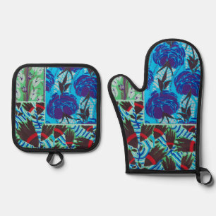 Vibrant Maximalist Blue & Green Floral Art Oven Mitt & Pot Holder Set