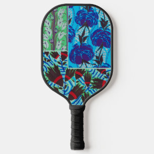 Vibrant Maximalist Blue & Green Floral Art Pickleball Paddle