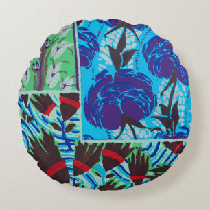 Vibrant Maximalist Blue & Green Floral Art Round Cushion