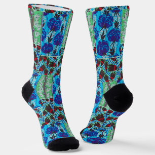 Vibrant Maximalist Blue & Green Floral Art Socks