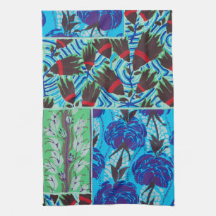 Vibrant Maximalist Blue & Green Floral Art Tea Towel