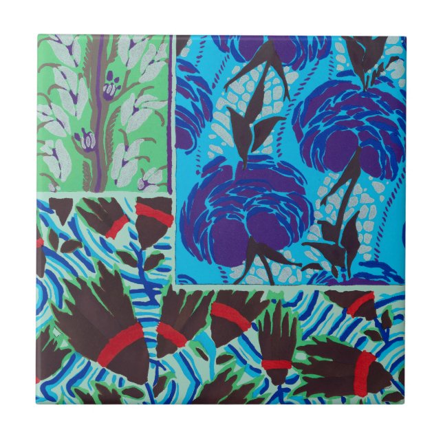 Vibrant Maximalist Blue & Green Floral Art Tile (Front)